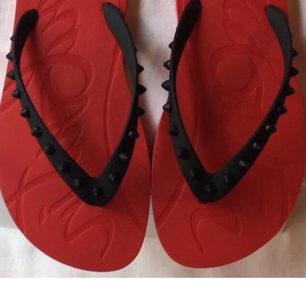 Christian Louboutin Red Flip Flops with Black Studded Straps, women’s size 7